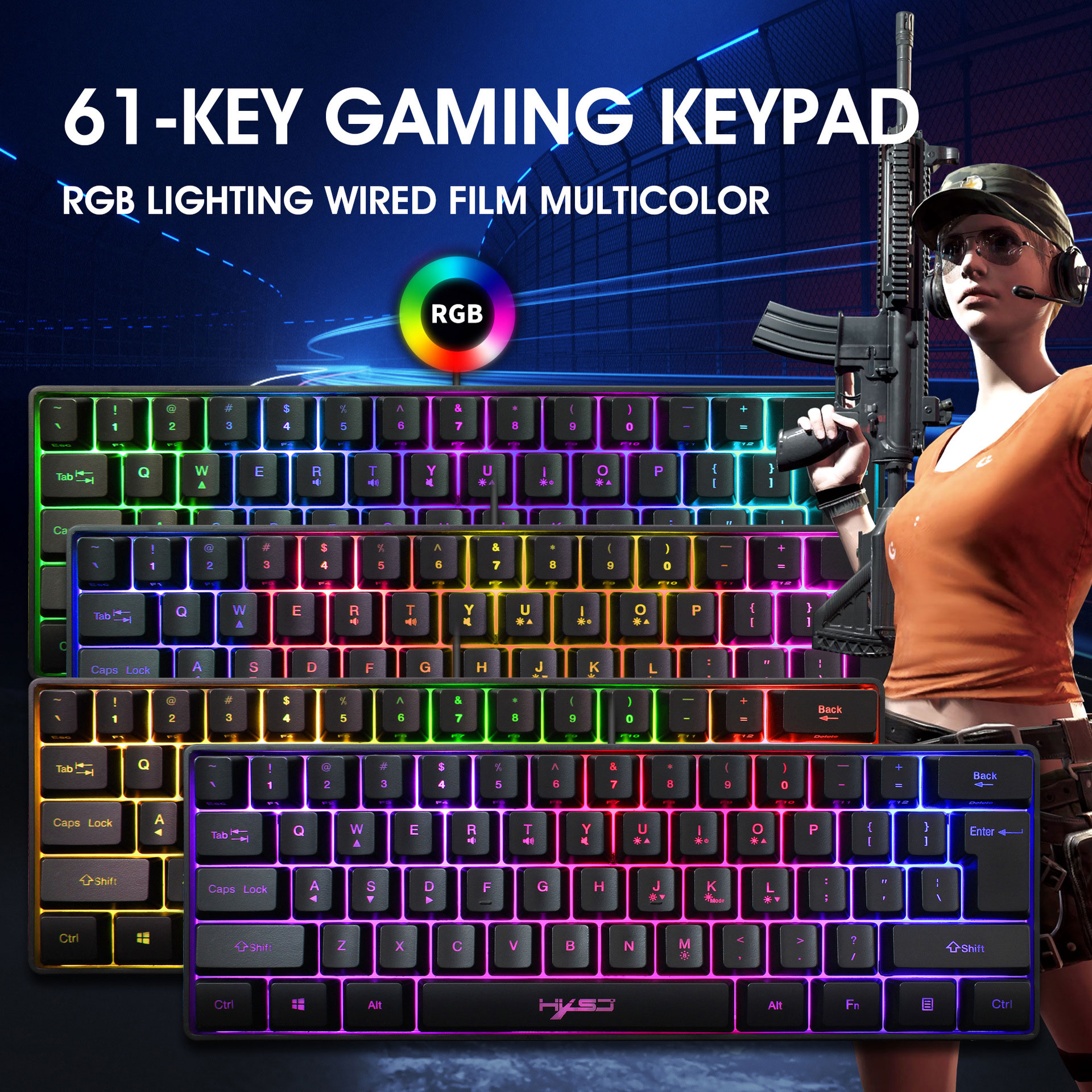 HXSJ 61 key game film keyboard RGB light mini keyboard multiple shortcut key combinations