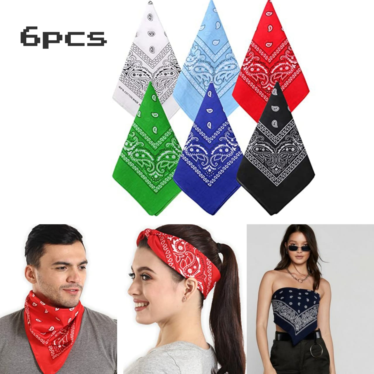 6pcs Cotton Bandanas Head band Hair band neck tie scarf bandana  unisex