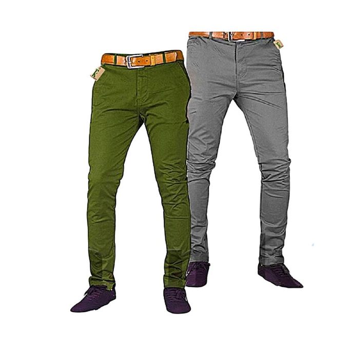 Fashion 2 Soft Khaki Men's Trouser Stretch Slim Fit Casual- Dark Grey &amp; Green+ Free Pair Of Socks
