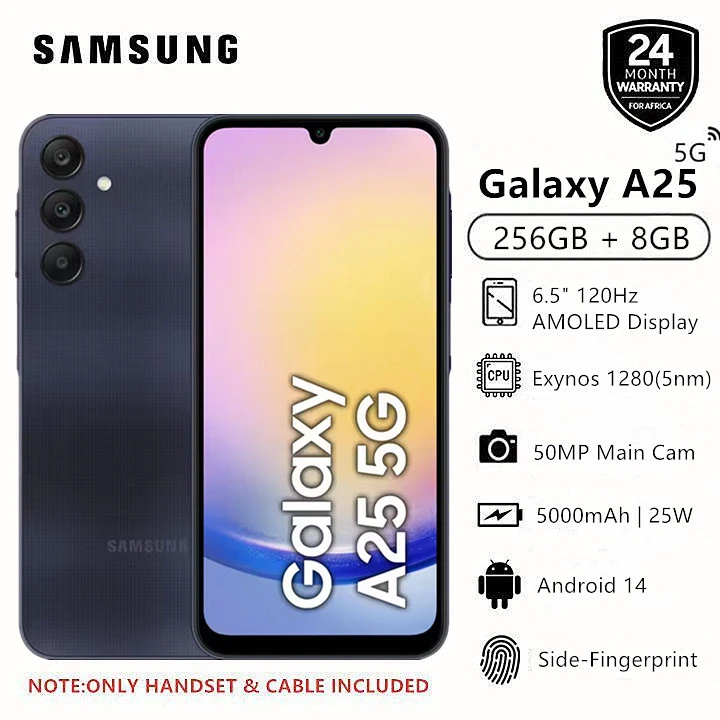 Brand New Samsung Galaxy A25 5G 256GB+8GB 120Hz 6.5" AMOLED 50MP Triple Camera Android 14 5000mAh 25W Type-C Smart Phones Fingerprint Unlock