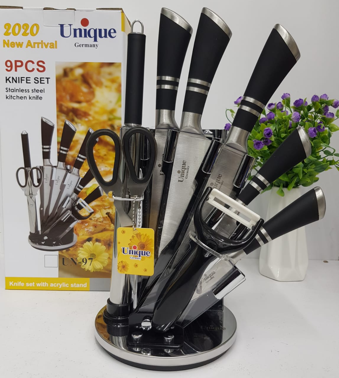 9 PCs stainless steel knife set with rotating stand