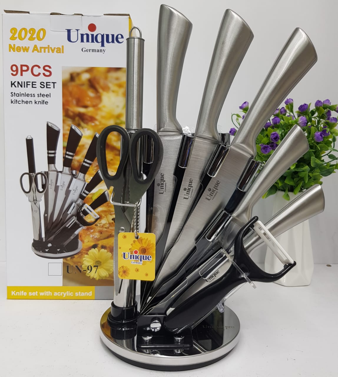 9 PCs stainless steel knife set with rotating stand