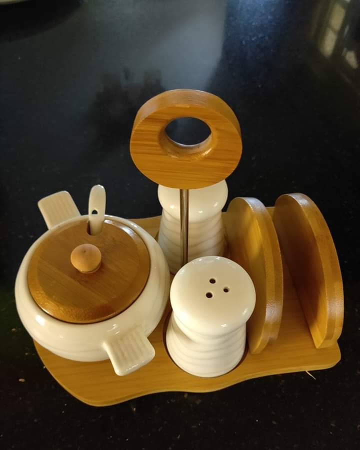 Kitchen Serviettes, salt shaker and sugar dish holder with bamboo stand.