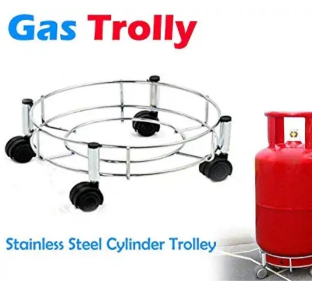 Heavy metallic stainless steel kitchen cylinder trolley