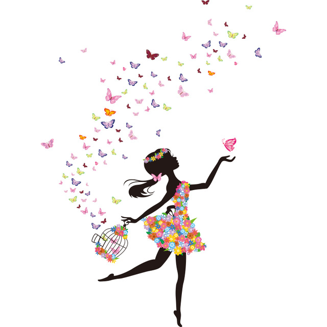 Wall Stickers Hot Selling Figurine Fairy Girl  Vinyl DIY Butterflies Flowers Mural Decals Home Decor Home Decor Accents Cute Home Decoration