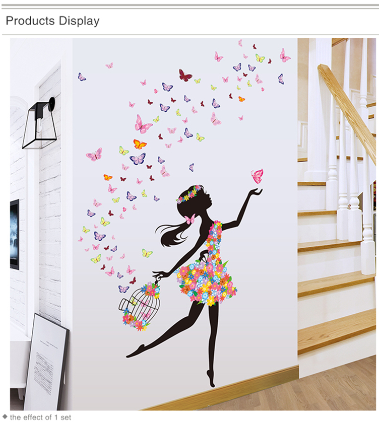 Wall Stickers Hot Selling Figurine Fairy Girl  Vinyl DIY Butterflies Flowers Mural Decals Home Decor Home Decor Accents Cute Home Decoration