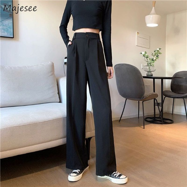 Casual Pants Women Plus Size 4XL Wide-leg Button Fly High Waist Elegant Office Ladies Trousers & Leggings