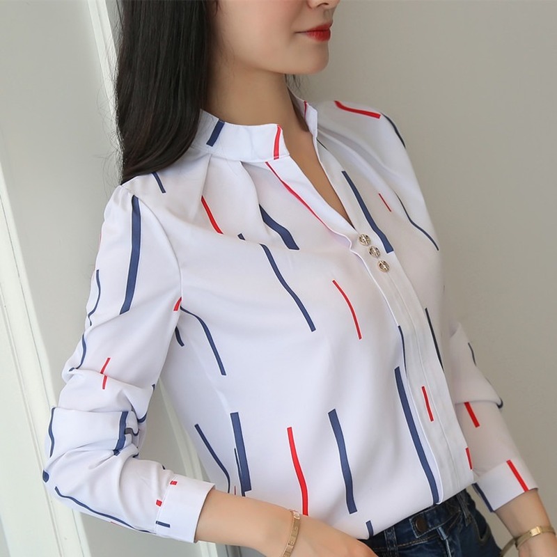 JFUNCY Plus Size Women White Tops and Blouses Fashion Stripe Print Casual Long Sleeve  Tops
