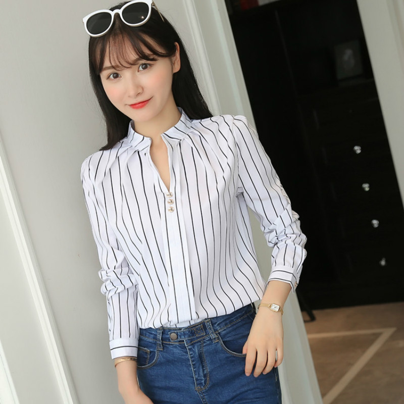 JFUNCY Plus Size Women White Tops and Blouses Fashion Stripe Print Casual Long Sleeve  Tops