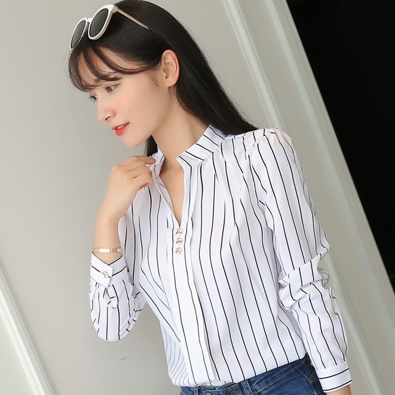 JFUNCY Plus Size Women White Tops and Blouses Fashion Stripe Print Casual Long Sleeve  Tops