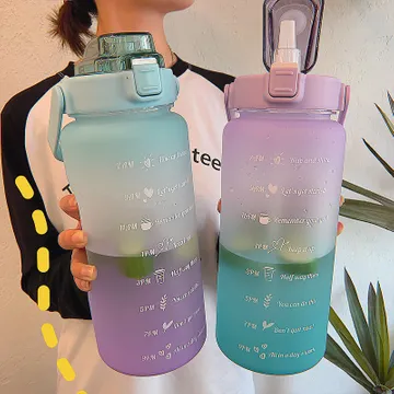 2l Large Capacity Water Bottle Straw Cup High Temperature Plastic Water Cup  Time Scale Frosted Outdoor Sports Student Couple Cup