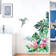 Tropical leaves flowers bird wall stickers bedroom living room decoration mural Home Wall Decor Green one size