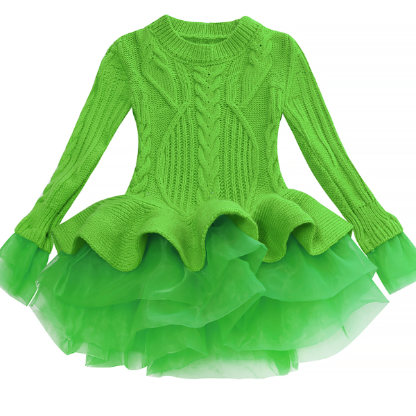 Organza Lace Knitted Long Sleeve Sweater Warm Girls Dress Dress