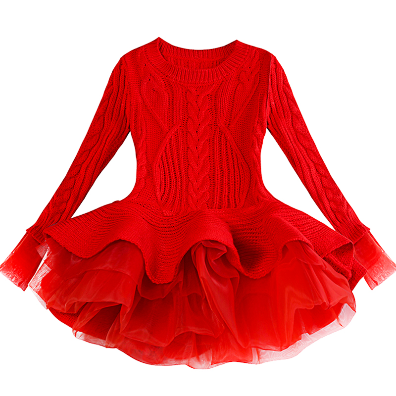 Organza Lace Knitted Long Sleeve Sweater Warm Girls Dress Dress