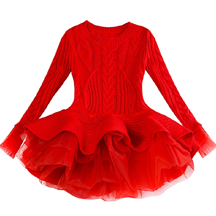 Organza Lace Knitted Long Sleeve Sweater Warm Girls Dress Dress