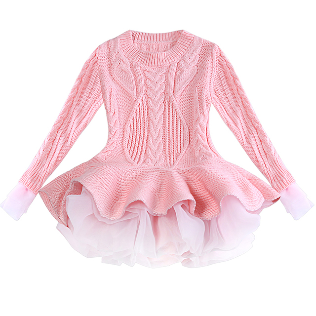 Organza Lace Knitted Long Sleeve Sweater Warm Girls Dress Dress