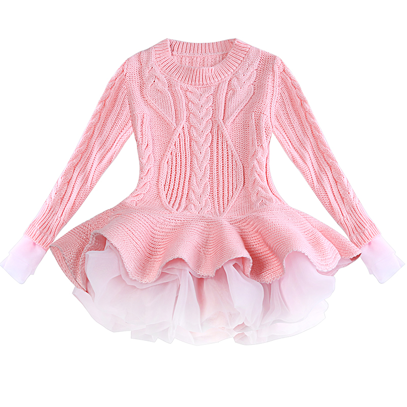 Organza Lace Knitted Long Sleeve Sweater Warm Girls Dress Dress