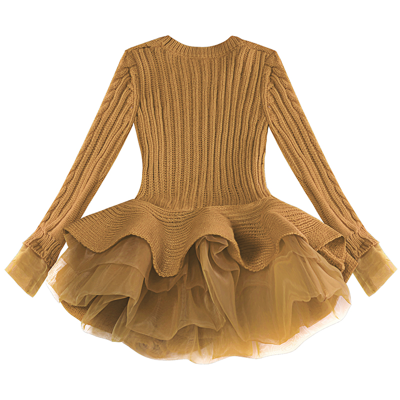Organza Lace Knitted Long Sleeve Sweater Warm Girls Dress Dress