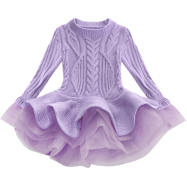 Organza Lace Knitted Long Sleeve Sweater Warm Girls Dress Dress