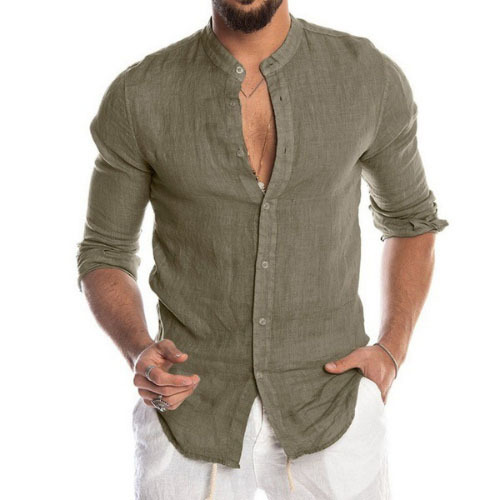 2022 Popular V-neck Linen Cardigan Stand-up Collar Long-sleeved Men's Shirt men Shirts