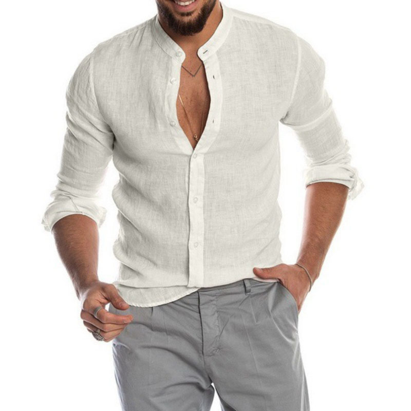 2022 Popular V-neck Linen Cardigan Stand-up Collar Long-sleeved Men's Shirt men Shirts
