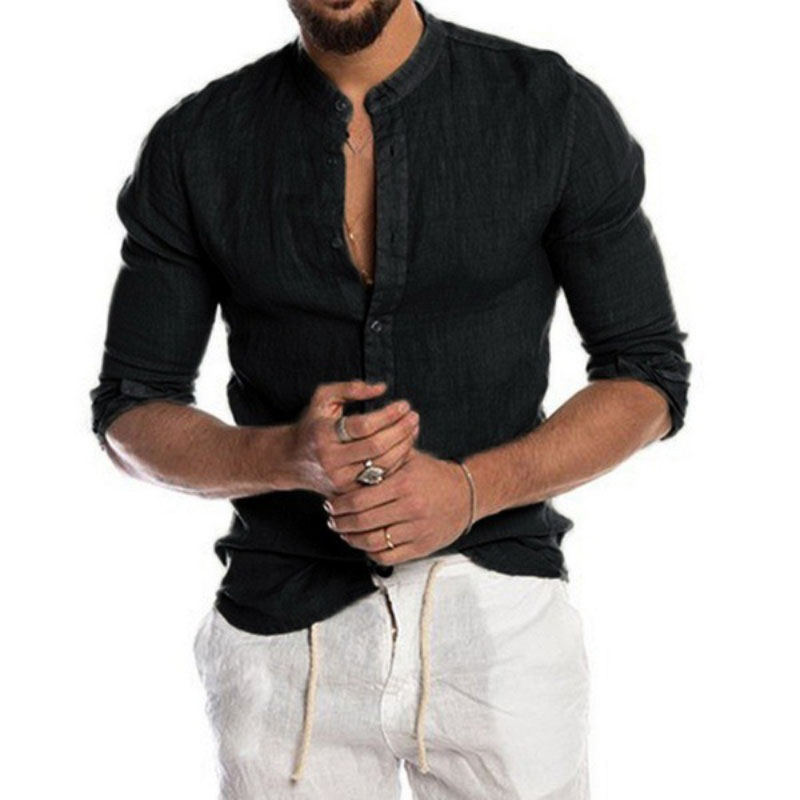 2022 Popular V-neck Linen Cardigan Stand-up Collar Long-sleeved Men's Shirt men Shirts