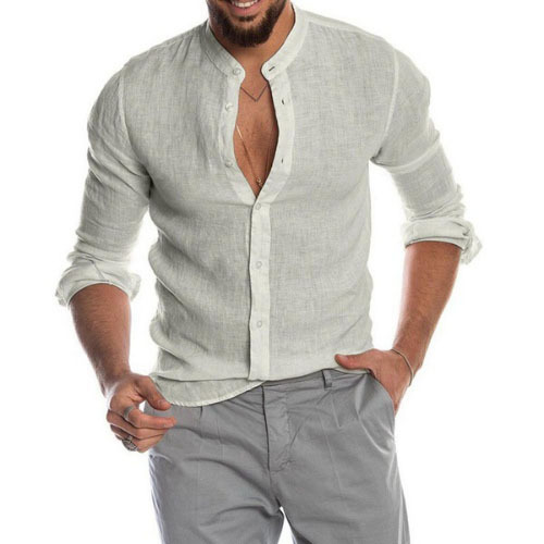 2022 Popular V-neck Linen Cardigan Stand-up Collar Long-sleeved Men's Shirt men Shirts