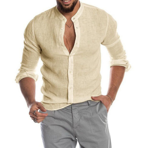 2022 Popular V-neck Linen Cardigan Stand-up Collar Long-sleeved Men's Shirt men Shirts