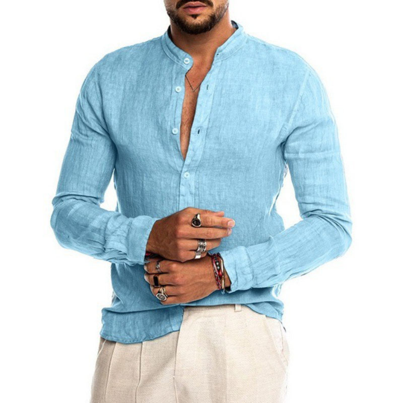 2022 Popular V-neck Linen Cardigan Stand-up Collar Long-sleeved Men's Shirt men Shirts