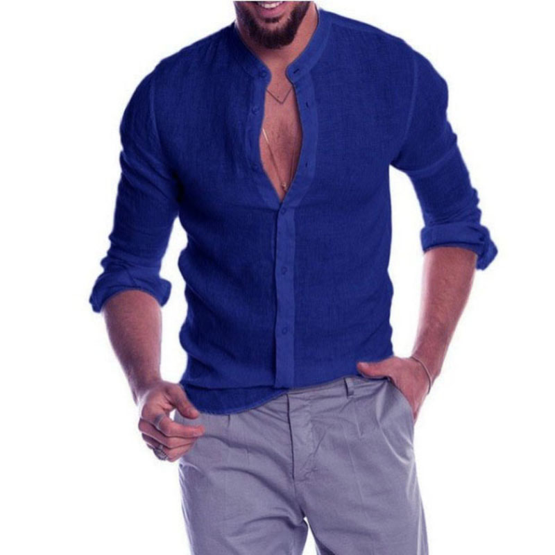 2022 Popular V-neck Linen Cardigan Stand-up Collar Long-sleeved Men's Shirt men Shirts