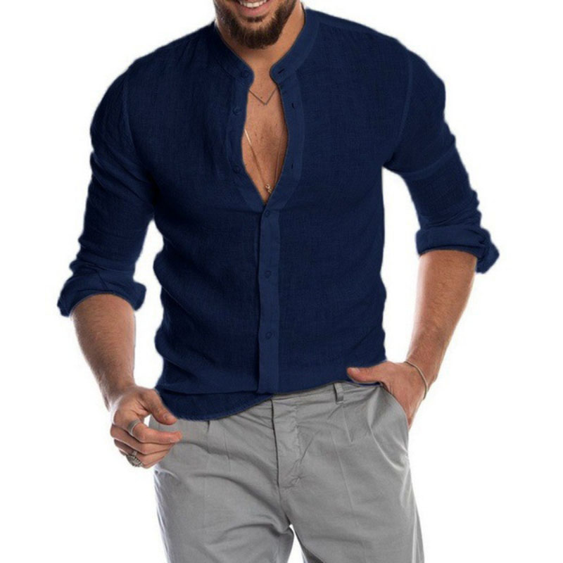 2022 Popular V-neck Linen Cardigan Stand-up Collar Long-sleeved Men's Shirt men Shirts