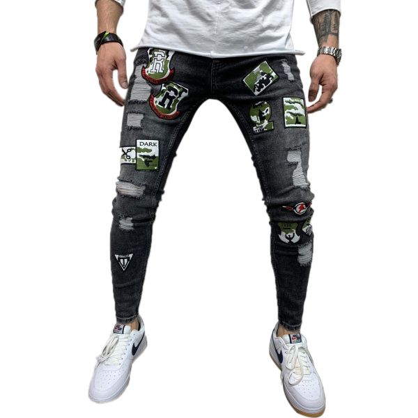 2 Styles Men Stretchy Ripped Skinny Biker Embroidery Print Jeans Destroyed Hole Taped  Trousers