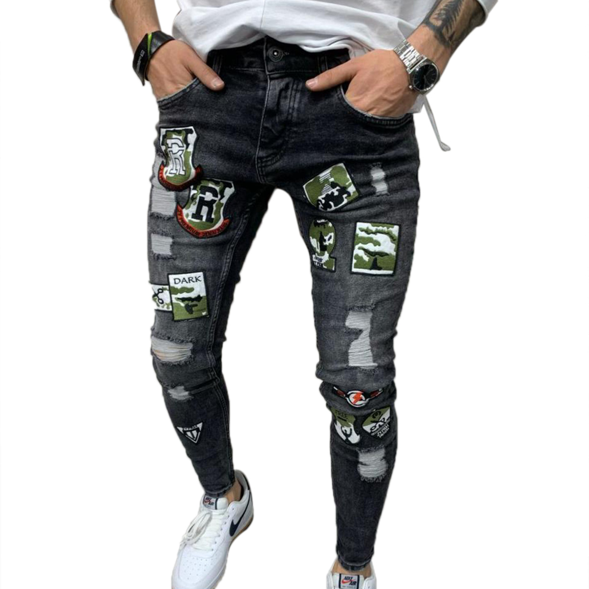 2 Styles Men Stretchy Ripped Skinny Biker Embroidery Print Jeans Destroyed Hole Taped  Trousers