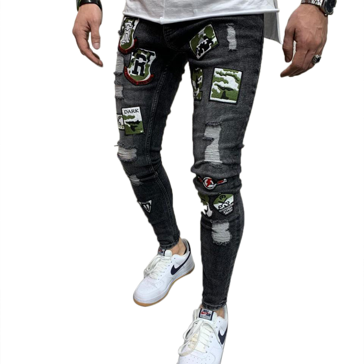 2 Styles Men Stretchy Ripped Skinny Biker Embroidery Print Jeans Destroyed Hole Taped  Trousers