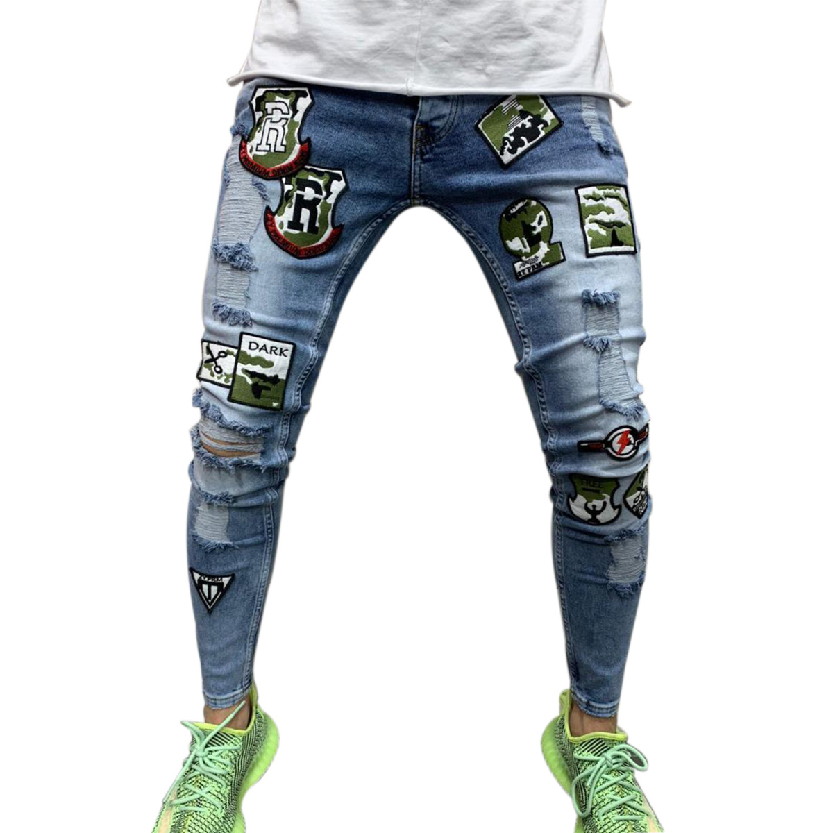 2 Styles Men Stretchy Ripped Skinny Biker Embroidery Print Jeans Destroyed Hole Taped  Trousers