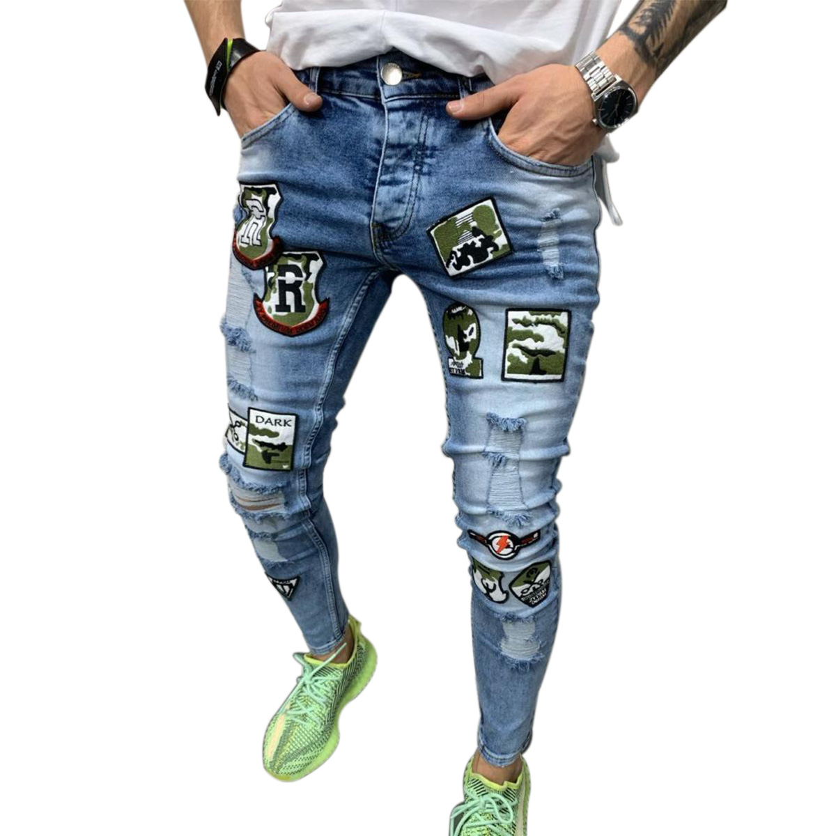 2 Styles Men Stretchy Ripped Skinny Biker Embroidery Print Jeans Destroyed Hole Taped  Trousers