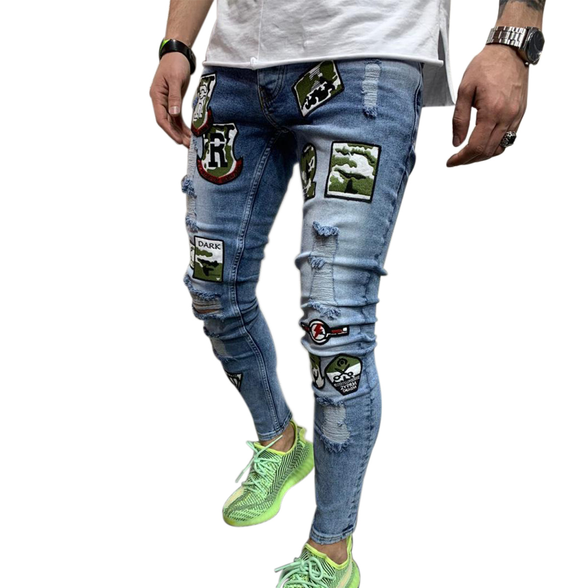2 Styles Men Stretchy Ripped Skinny Biker Embroidery Print Jeans Destroyed Hole Taped  Trousers
