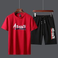 2pcs Men's Tracksuit Summer Clothes Sportswear Two Piece Set  T-shirts & Polos Two-Piece Outfits Red XL 03