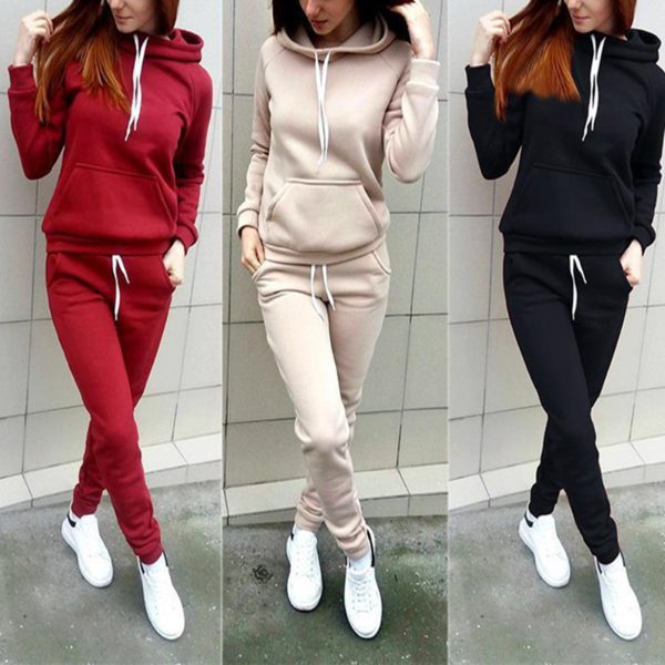 Hot Sale Simple Women's Autumn Sports Suit Hooded Sweatshirts And Pants Suits & Separates