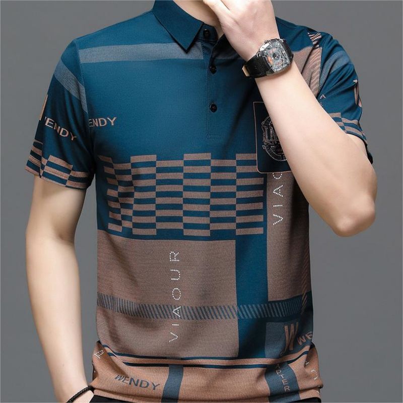 T-Shirts This Year's Popular Summer New Men's Young And Middle-Aged Lapel Print Loose Breathable Short Sleeve T-Shirt Polo Shirt