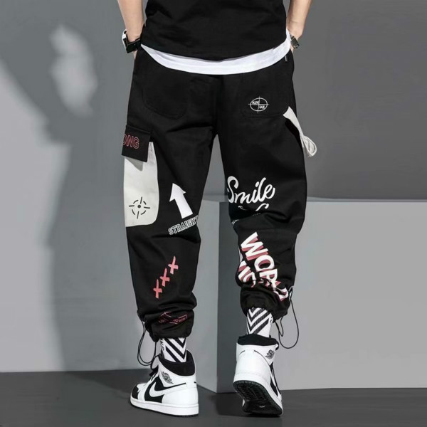 Mens Fashion New Cargo Pants Handsome Pattern Print Loose Streetwear Trousers