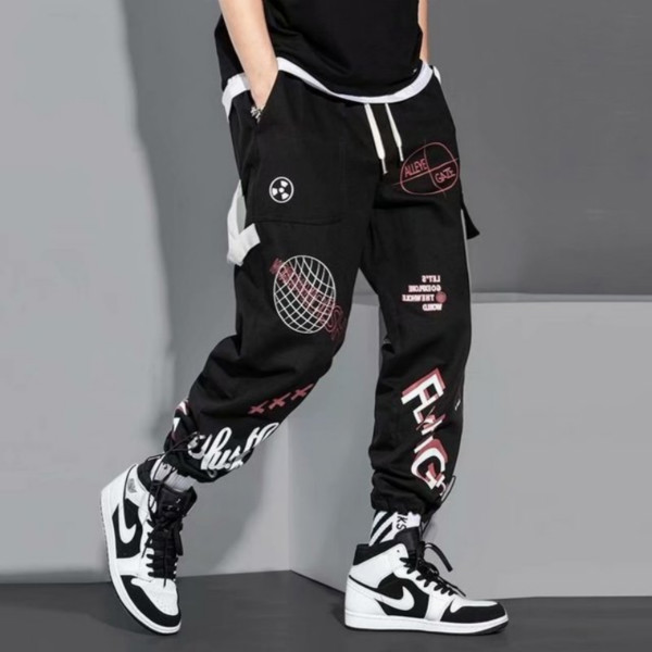 Mens Fashion New Cargo Pants Handsome Pattern Print Loose Streetwear Trousers