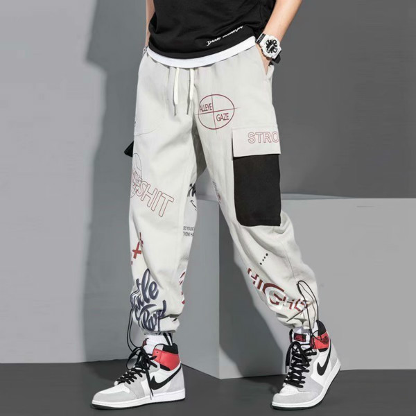 Mens Fashion New Cargo Pants Handsome Pattern Print Loose Streetwear Trousers