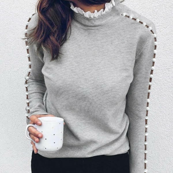 Fashion Women Lace Hollow Out Turtleneck Sweater Tops Pearl Tops Ladies Autumn Warm  Tops