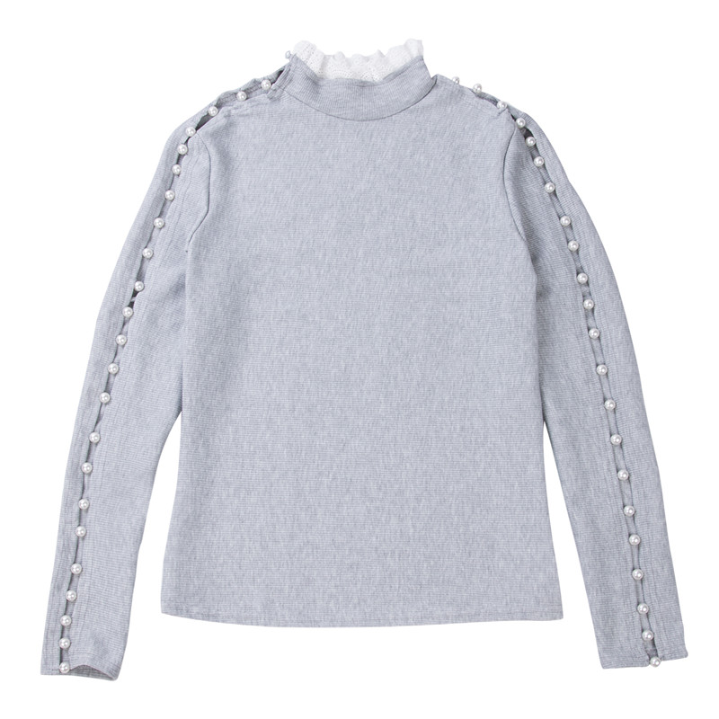 Fashion Women Lace Hollow Out Turtleneck Sweater Tops Pearl Tops Ladies Autumn Warm  Tops