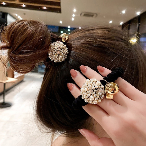 Fashion New Ball Hair Ties For Women Circle Temperament Pearl Head Rope Net Red High-End Headdress  Hair Weaves