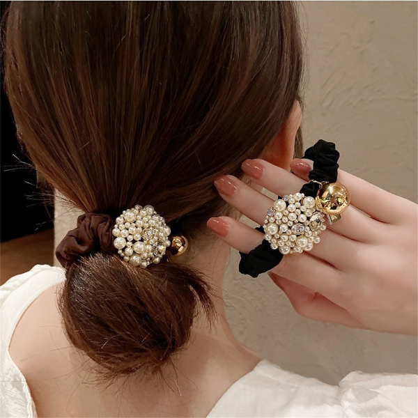 Fashion New Ball Hair Ties For Women Circle Temperament Pearl Head Rope Net Red High-End Headdress  Hair Weaves