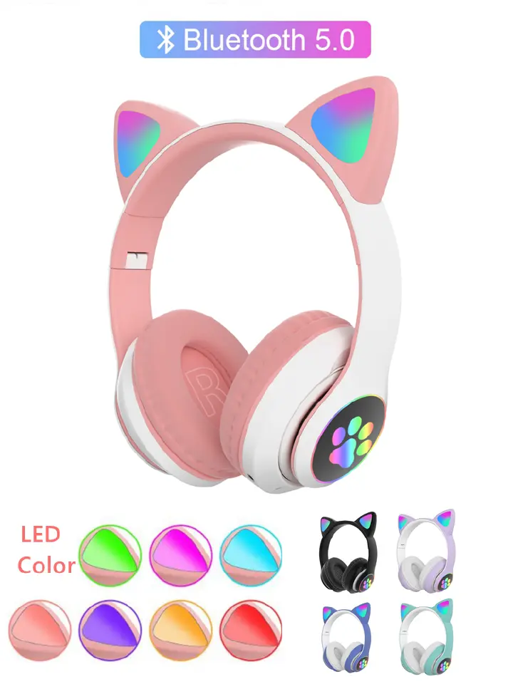 Flash Light Cute Cat Ears Bluetooth Wireless Headphone with Mic Earphones & Headset black  Headphones