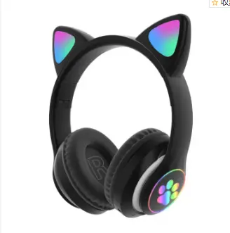 Flash Light Cute Cat Ears Bluetooth Wireless Headphone with Mic Earphones & Headset black  Headphones BlackBlack