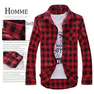 Men's long sleeve plaid shirt Korean fashion slim lapel shirt